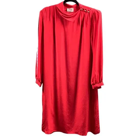 Vintage 80s SILK Elegant Red Cowl Neck Shift Dress Minimalist Old Money 7/8 - Picture 5 of 10